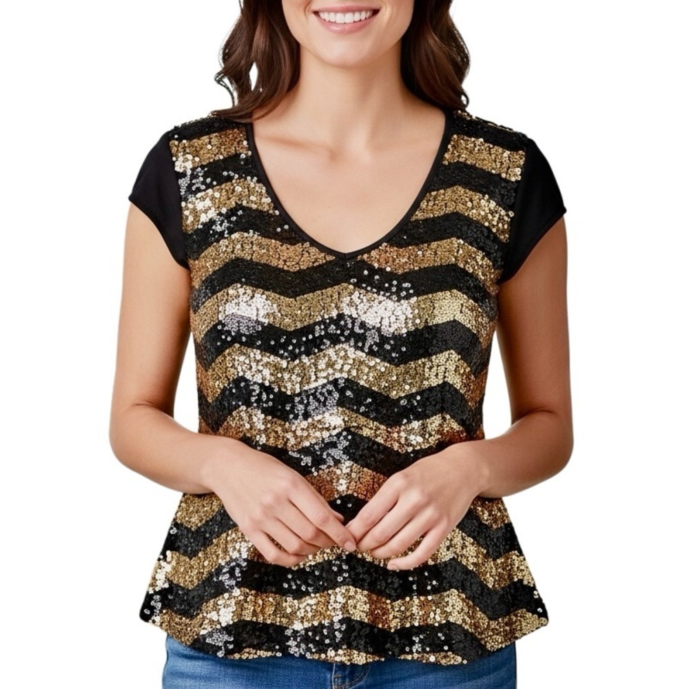 Bebe Black & Gold Peplum Sequin Striped Top XL – Party, Cocktail, Metallic